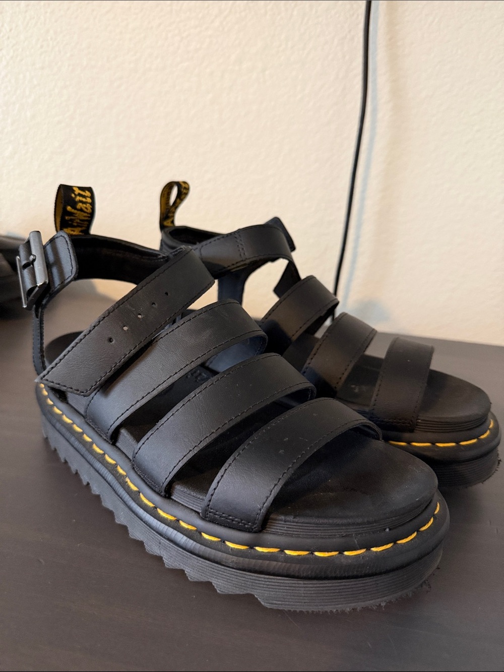 Dr. Martens Black Leather Platform Gladiator Sandals with Yellow Stitching